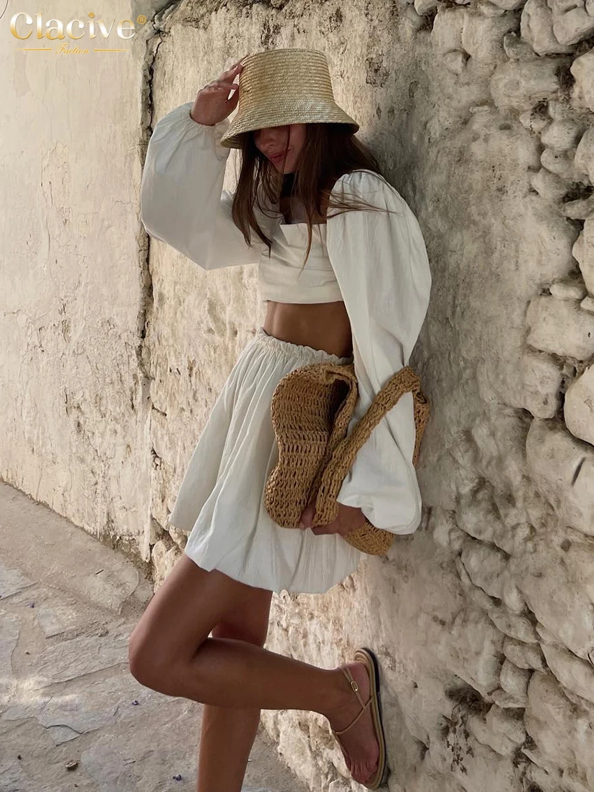 Clacive Sexy Beige Leinen Frauen Zwei Stück Outfits 2023 Mode Puff Hülse Crop Shirts Mit Hohe Wasit Mini Rock Sets weibliche