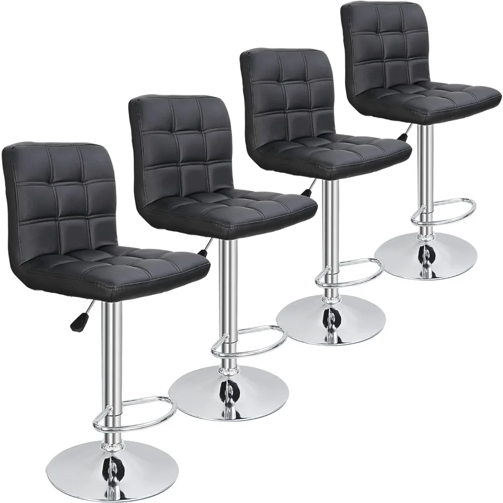 Set of 4 Adjustable Swivel Barstools, Modern PU Leather Kitchen Counter Bar Stools, Square Back Bar Stool