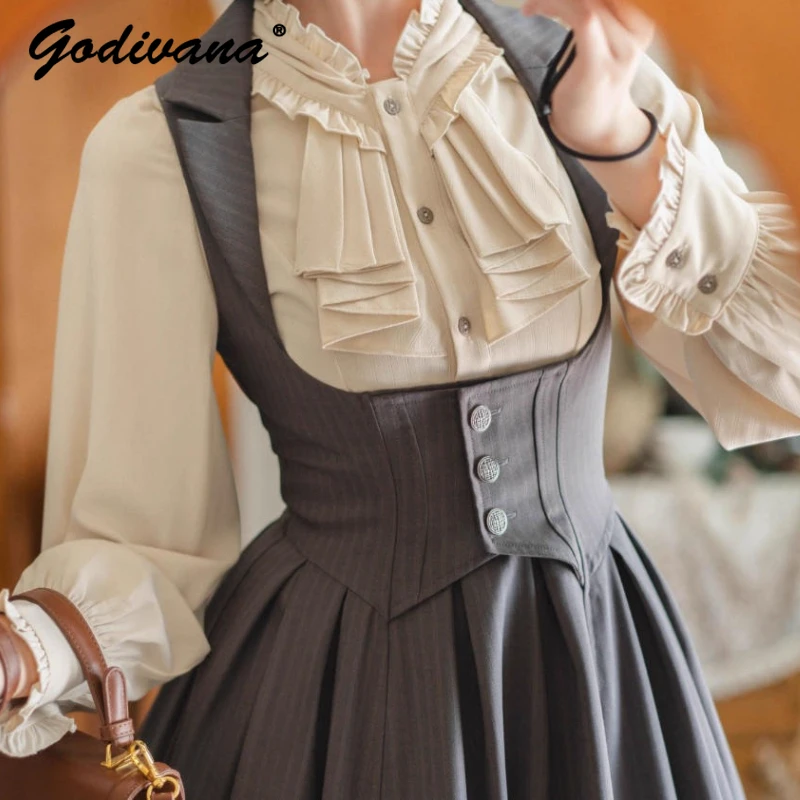 

Original New Autumn Ladies Elegant Slim-waist Shirt Retro Long Sleeve Classic CLA Blouse Top Women's Lolita Shirts
