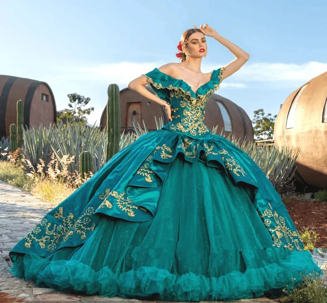 Teal Mexican Quinceanera Dresses Ball Gown Off The Shoulder Tulle Appliques Sweet 16 Dresses 15 Años Customized