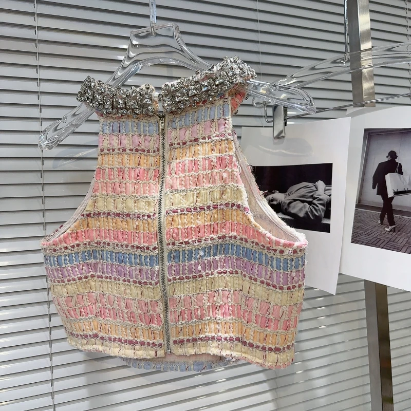 Mulheres primavera nova borda de strass halter coletes feminino listra contraste cor saias curtas moda commuter conjunto de duas peças