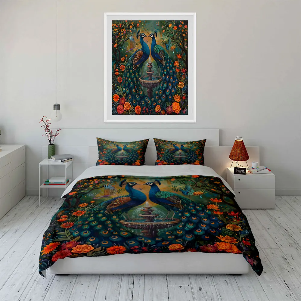 Elegant peacocks in fountain garden Bedding Set for Kids Luxury Gift 3pc Digital Print Comforter Set Soft Comfortable Breathable