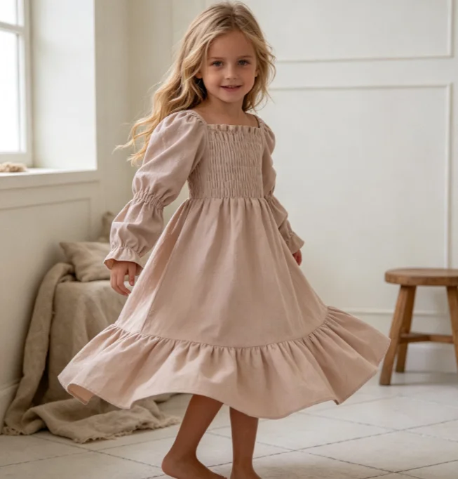 Girls Dress 2026 Spring and Autumn New Childrens Clothes Girls Baby Russian Cotton and Linen Wrapping Palace Bubble Sleeve Dress