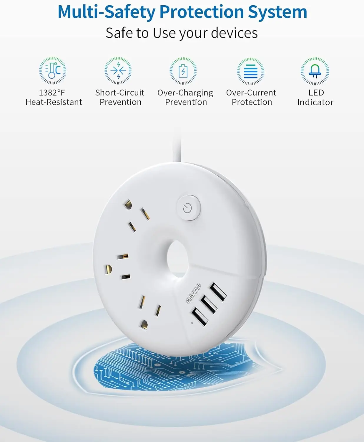 NTONPOWER US Plug Travel Power Strip 3 AC Outlets 3 USB Ports Smart Plug 15 ft Extension Cord Network filter socket