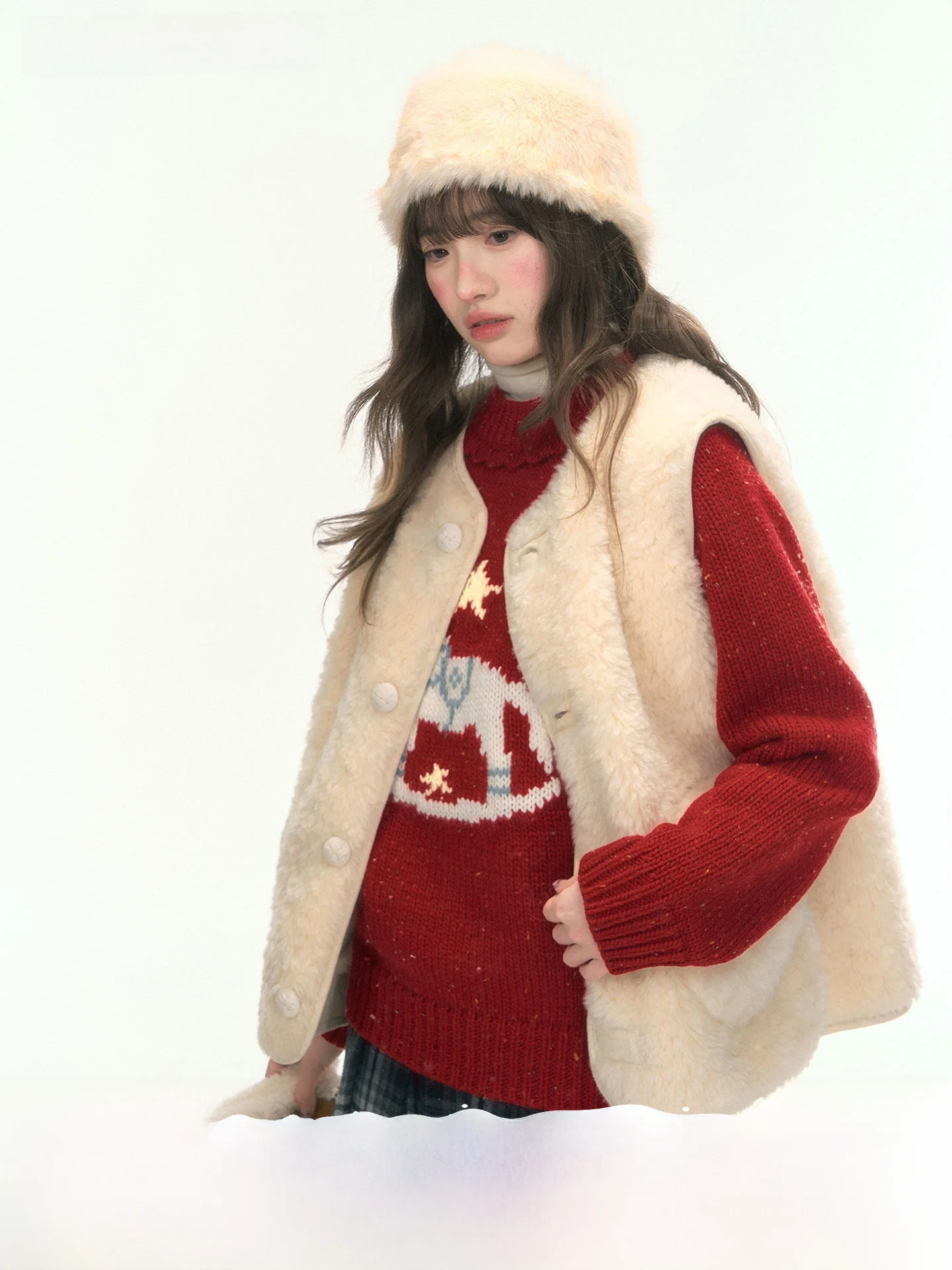 

Canstore Girls Double-Sided Wear Khaki Lamb Fur Vest Jaet Wild Caramel Casual Loose Fit Women's Winter Faion Outerwear