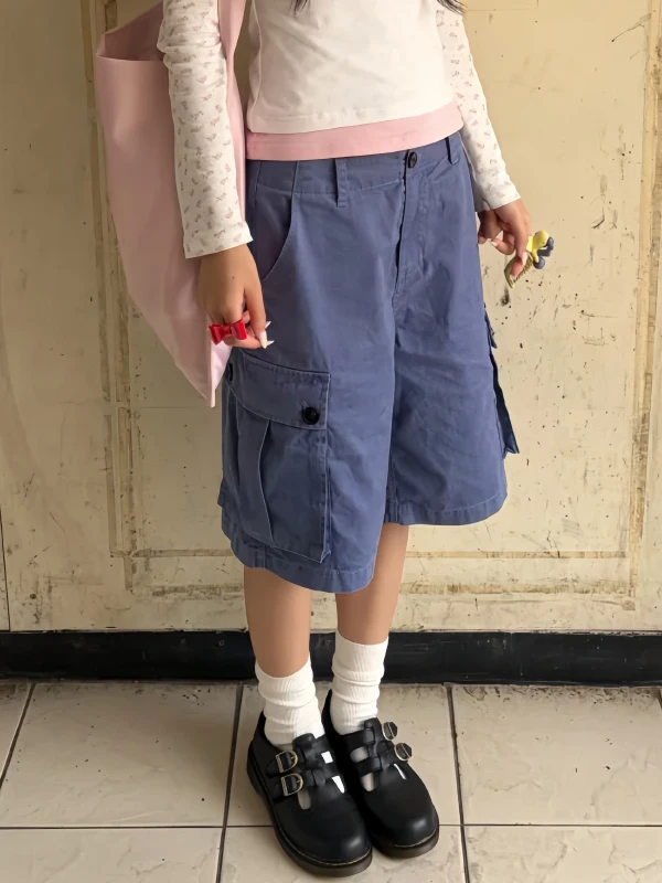 

American Retro Workwear Blue Denim Shorts Women's Summer Design Pocket Straight Leg Seven Inches Pants Low Waist Jeans