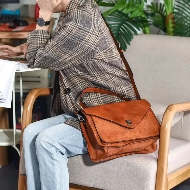 Casual handmade genuine leather women's handbag simple designer fashion natural real cowhide party shoulder messenger bag