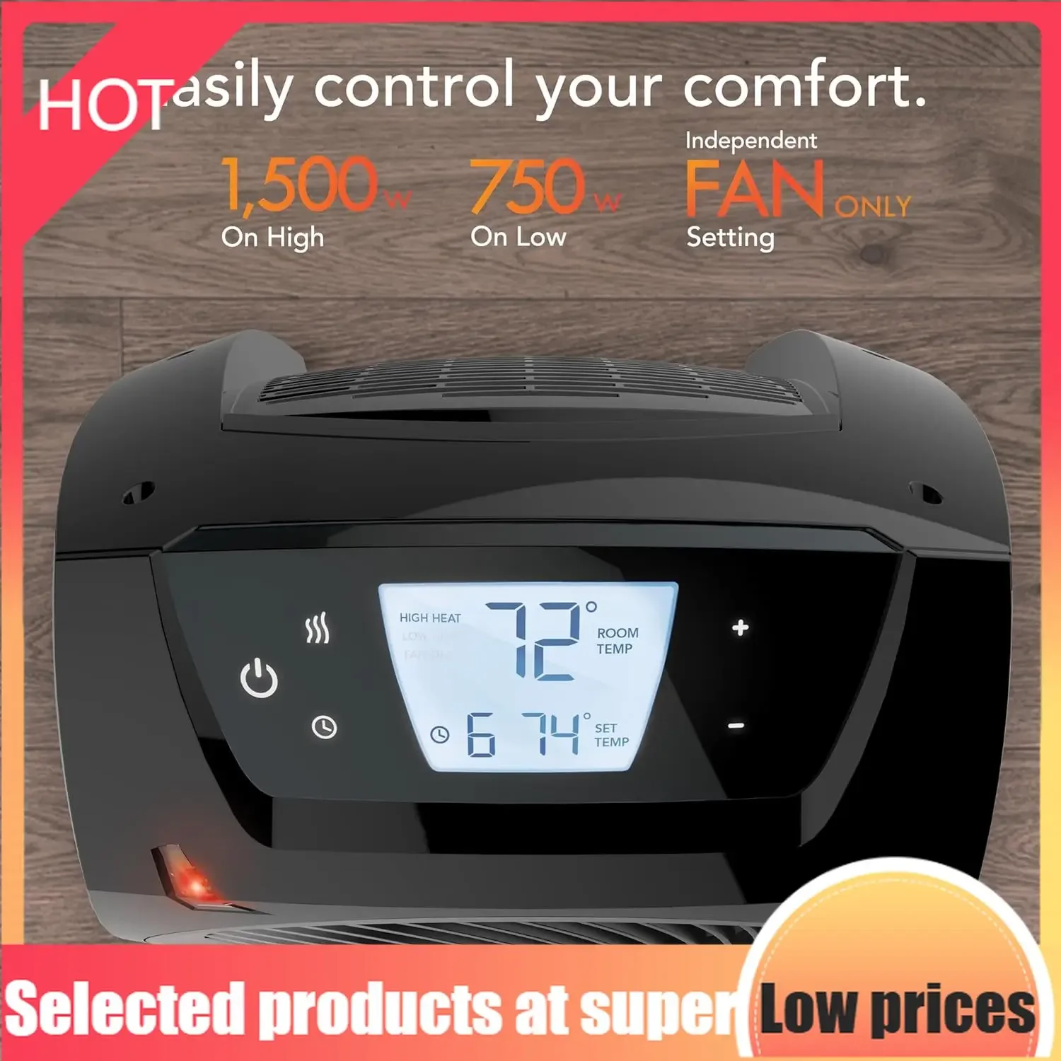 

Competitive Item-TAVH10 (2025) Space Heater With Remote For Home, Fan Only Option, Digital Display With Adjustable Thermostat, A