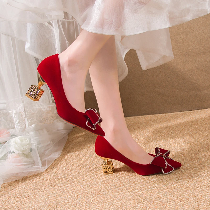 Rimocy Red Sweet Bowtie Strange Style Pumps Women Slip-On Crystal High Heels Shoes Woman Flock Pointed Toe Elegant Bridal Shoes