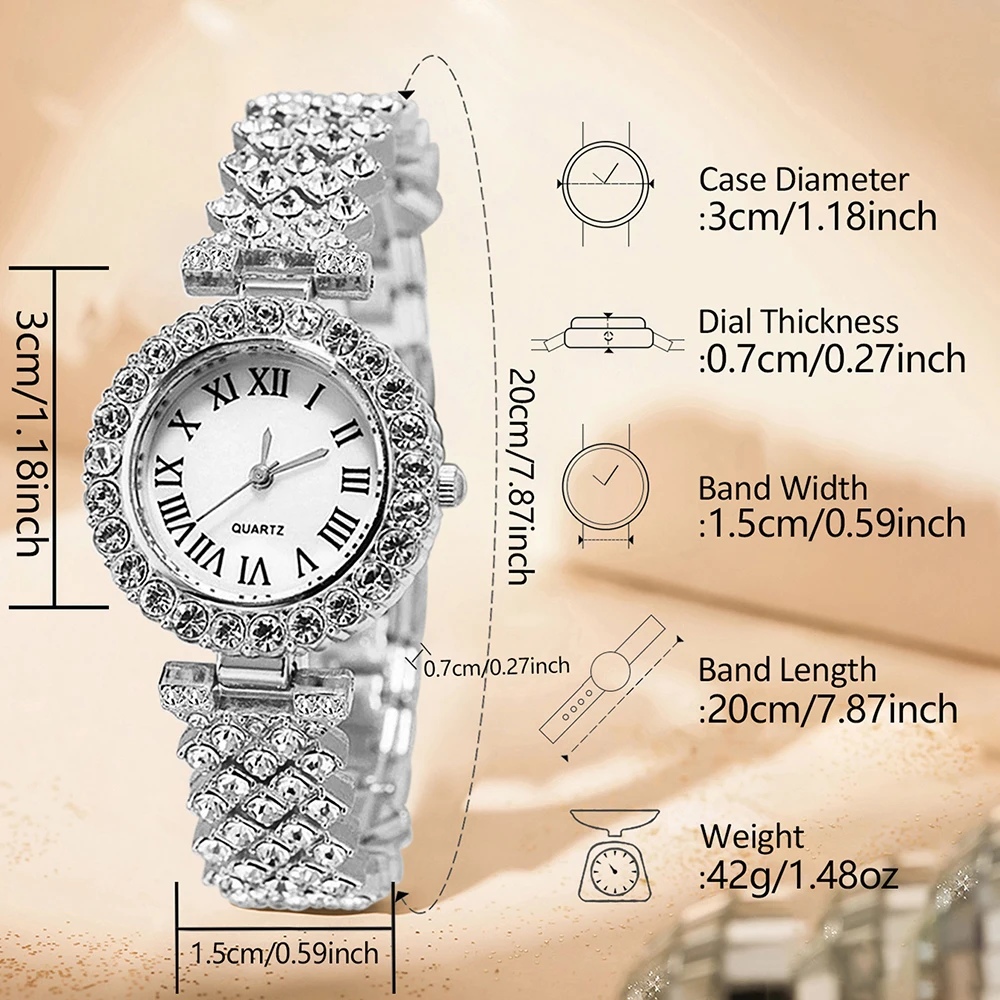 6-teiliges Luxus-Set: Trendige Quarzuhr mit römischen Ziffern, Armband, Halskette und Ohrringe – Perfektes Geschenk für Freunde oder Mütter – Detail 5