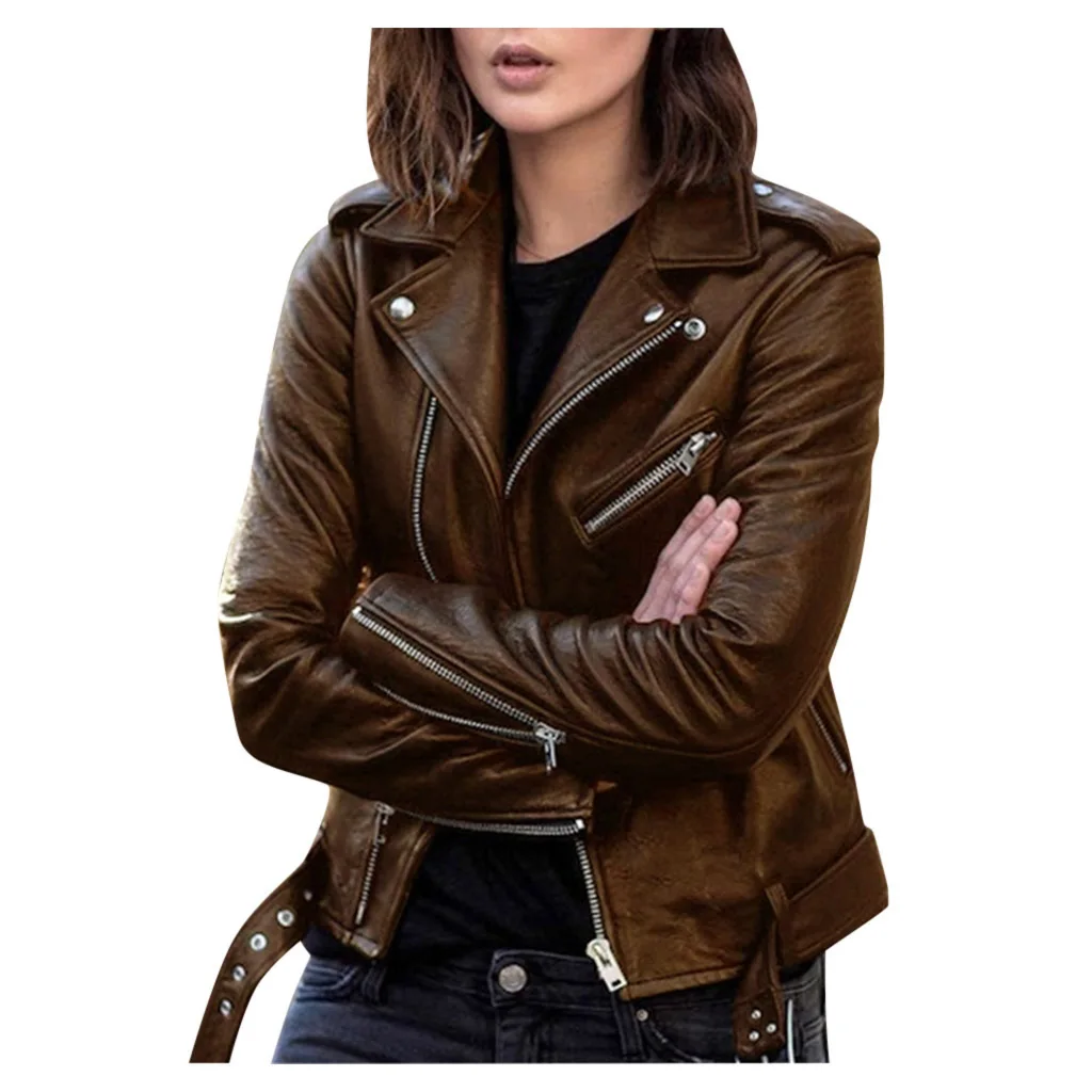 2025 Autumn Winter Women Faux PU Leather Coat Casual Lady Red Motorcycle Jacket Vintage Lapel Short Biker Jacket Women Jacket