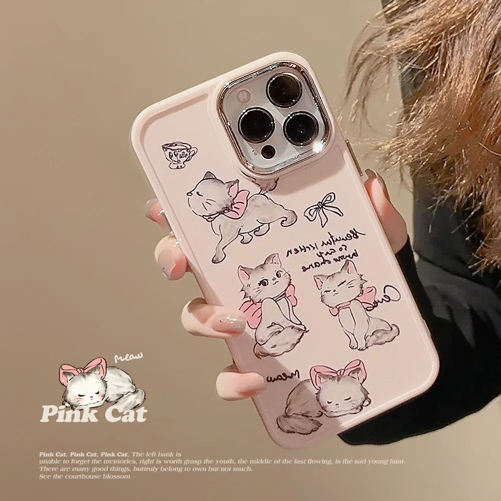 Electroplated Lens Frame Cartoon Cute Princess Cat Phone Case for IPhone16 15 14 12 13 11 Pro ProMax Plus Shockproof Phone Cover