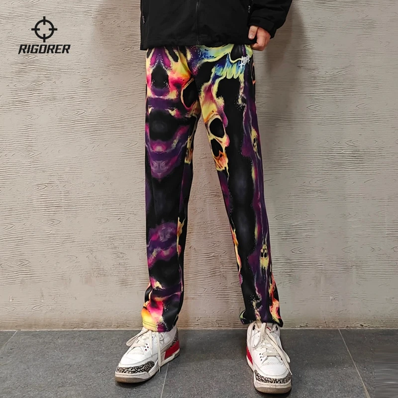 RIGORER Flower Pants Men's Winter Fleece-lined Warm Flat Mouth Loose Straight Pants American Sweatpants Sports Pants