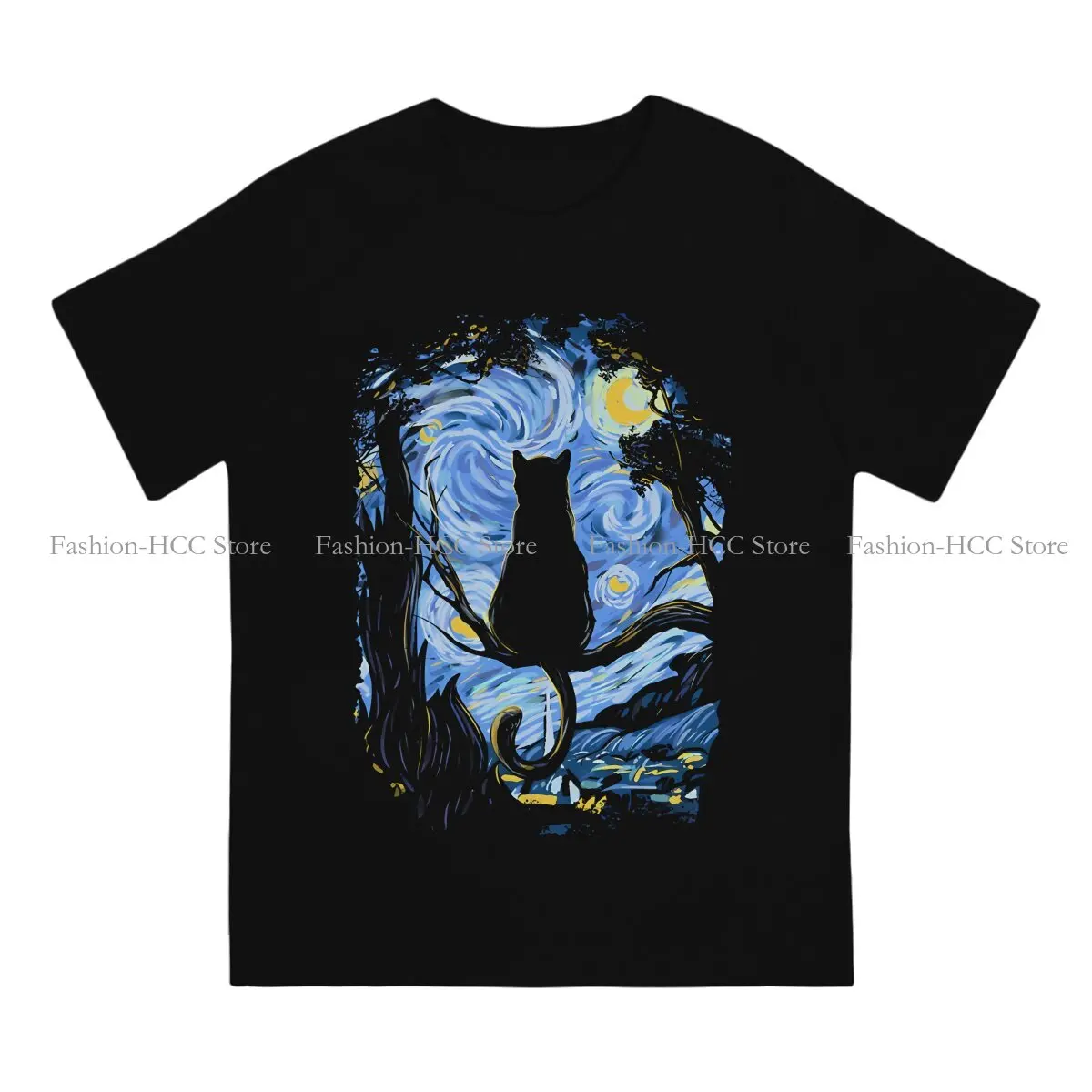 Van Gogh Starry Night Fashion TShirts Black Cat Male Style Fabric Streetwear T Shirt