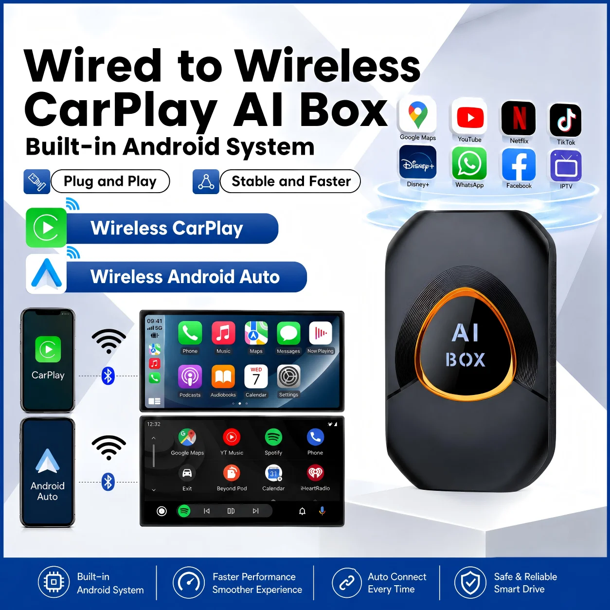 CarPlay AI Box Wired To Wireless CarPlay Android Auto Built in Independent Android System YouTube Netflix IPTV Fits Kia VW MG