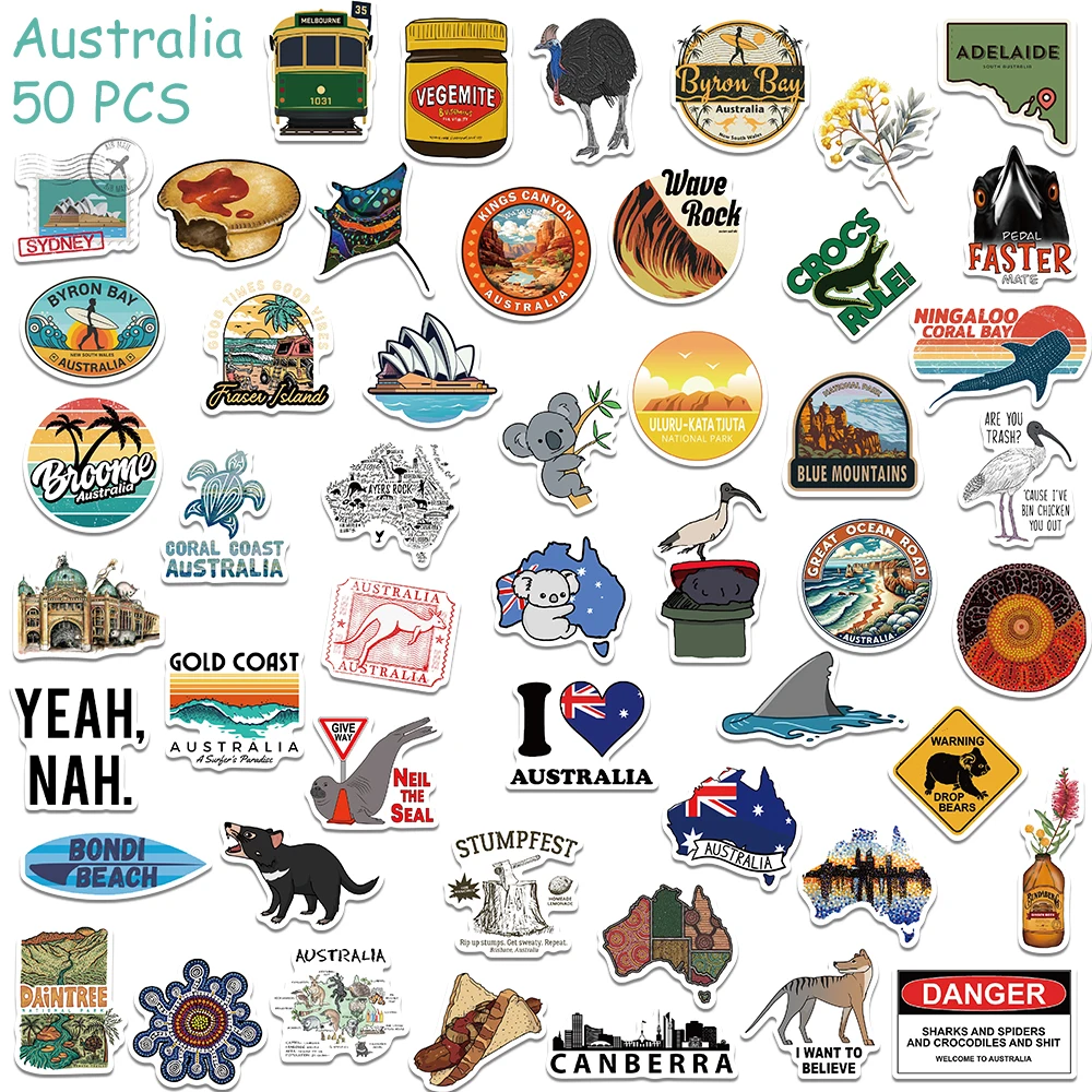 50pcs Cartoon Australia Stickers Decals For Phone Laptop Suitcase Refrigerator Notebook Aesthetic Waterproof Stickers For Kids