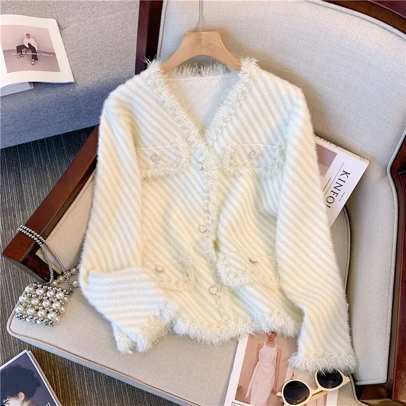 Tweed Style Socialite Women's Jacket 2024 Spring Autumn New Design Sensibility Knitted Cardigan Top Trendy V-Neck Loose Fit