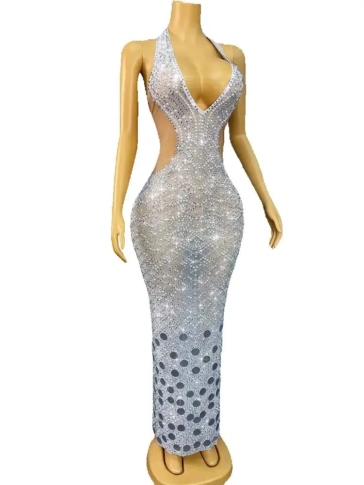 Vestido de mujer personalizado con lentejuelas y diamantes de imitación de alta calidad, vestido Sexy con cuello colgante y espalda descubierta, nueva moda 2025