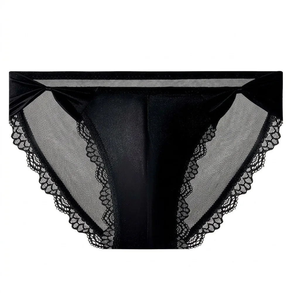 Men Lace Ice Silk Briefs Satin Underwear Bulge Pouch High Split Bowknot Panties Sexy See Through Mesh Underwear