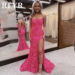 RFYR Lace Pink Prom Dress Sweetheart Trumpet Ruffles Evening Dress Tulle فستان سهرة with Sheer Corset High Side Slit Party Dress