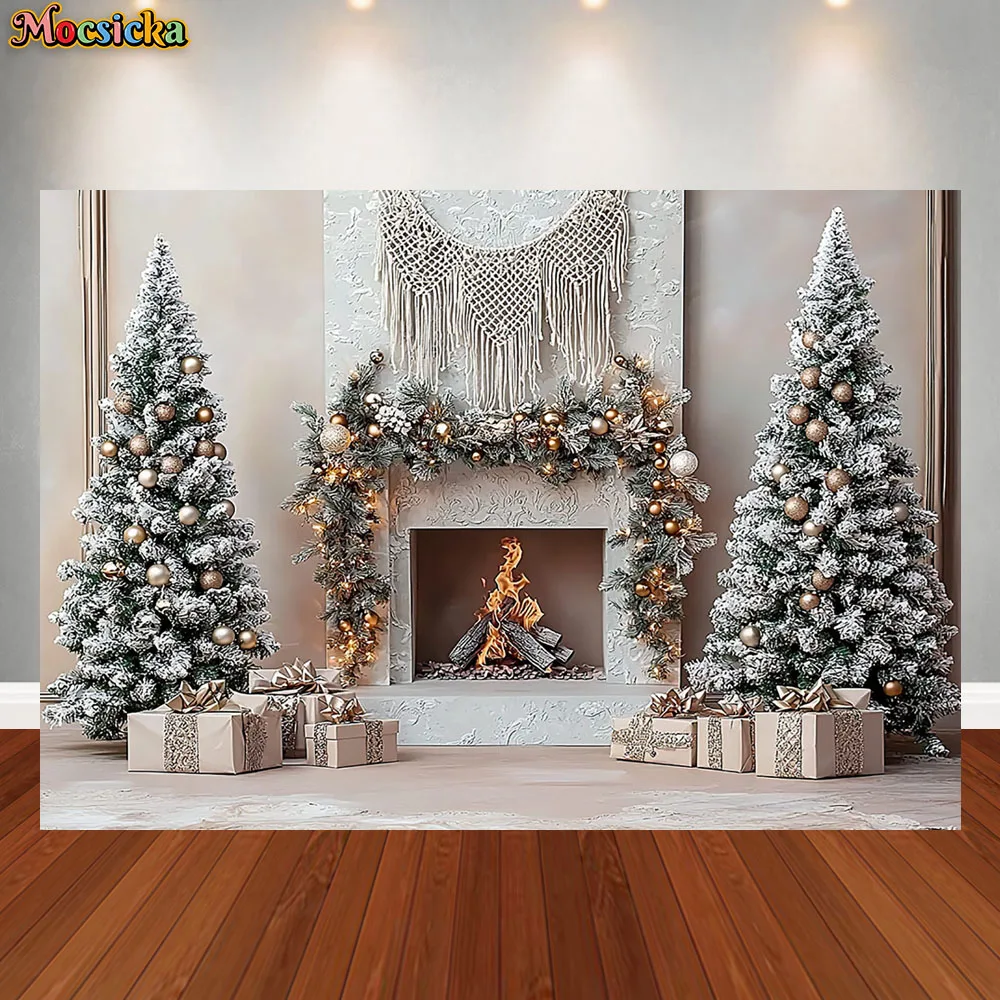 Mocsicka Photography Background Christmas Tree Fireplace Garland Holiday Decoration Boys Girls Photo Backdrop Studio Props