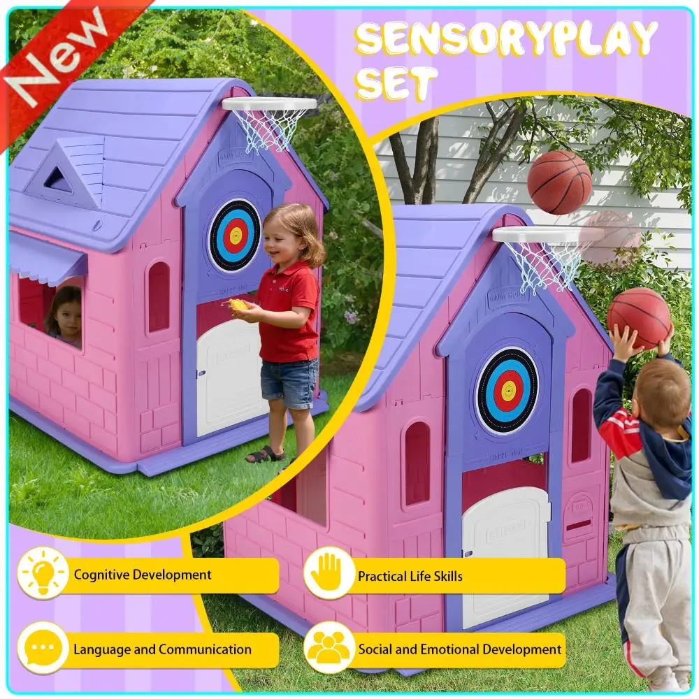 

Kids Playhouse with Basketball Hoop Dartboard Garden Games Cottage Indoor/Outdoor Playset for Toddlers