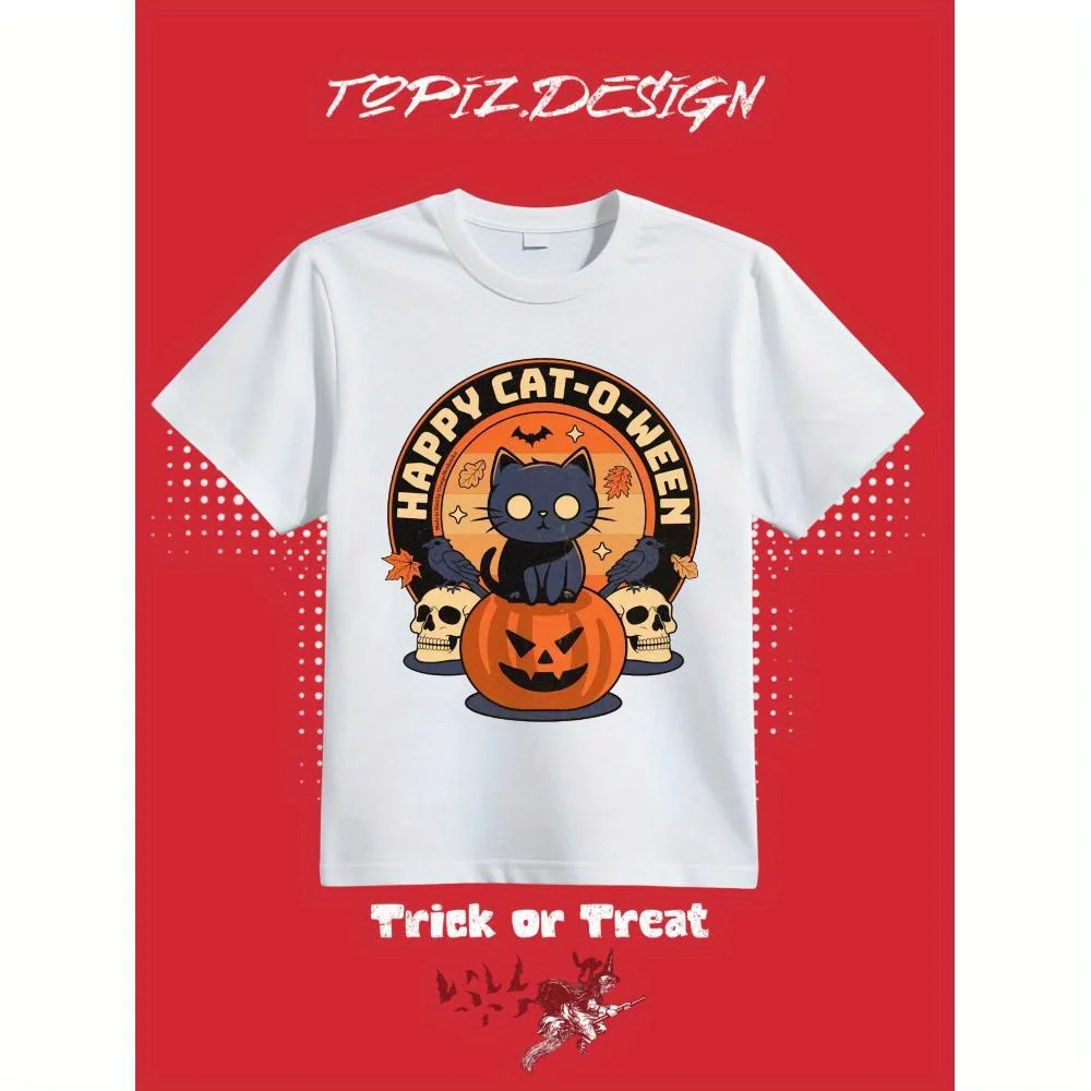 

Women's T-Shirt, Happy Cat O Ween Design , Halloween Clothes, Casual Short Sleeve Top For Spring & Summer, Crew Neck T-shirt
