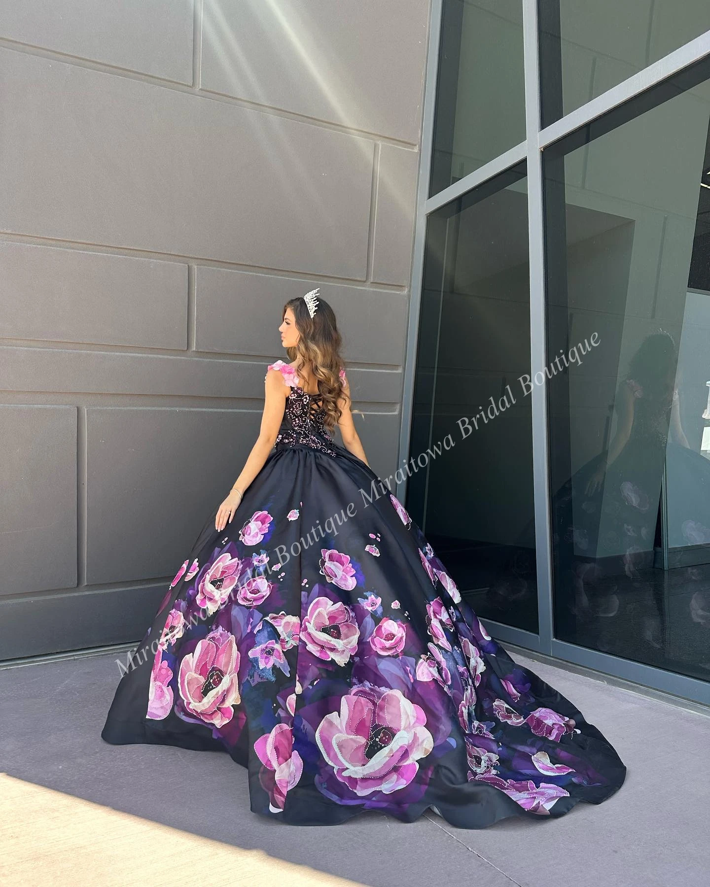 Black Pink Quinceanera Dress 2024 Print Floral 3D Flowers Charro Mexican Quince Sweet 15/16 Birthday Party Gown for 15th Girl