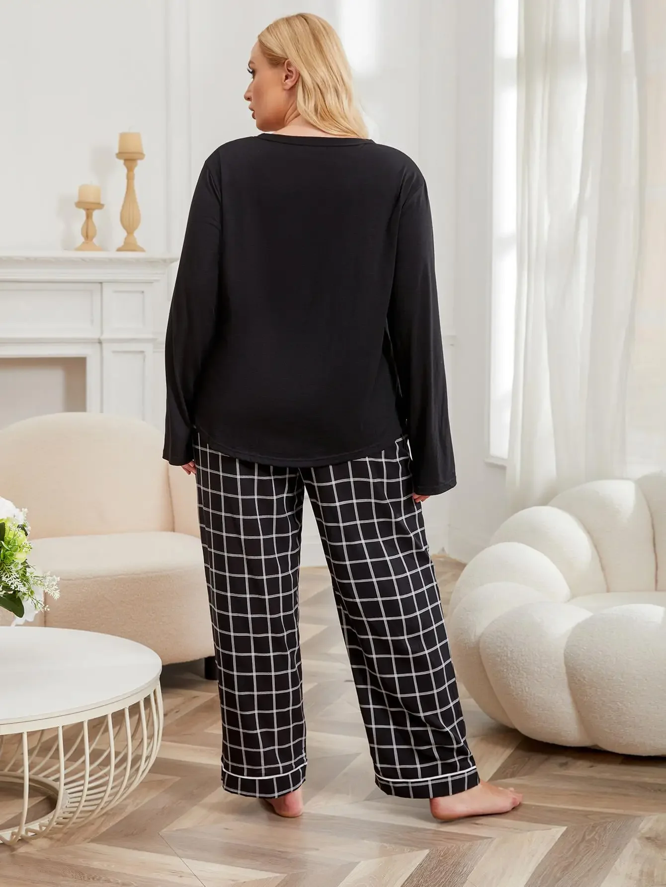 Plus Size Women Pajama Set Solid V Neck Button Top & Plaid Drawstring Waist Pants Female Sleepwear 2 Pieces Nightwear Homewear