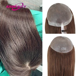 Vrouwen Toupee Volledige Pu V Lus Injectie Menselijk Haar Pruiken Indian Hair Extension Haarstukje Systeem Bruin Haar Topper Natuurlijke Kleur 613