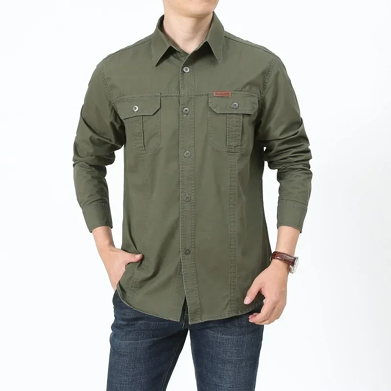 Large Size M-6XL Men's Spring Military Casual Cotton Black Blue Long Sleeve Shirt New Autumn Man Army Green Shirts Hiking Shirts