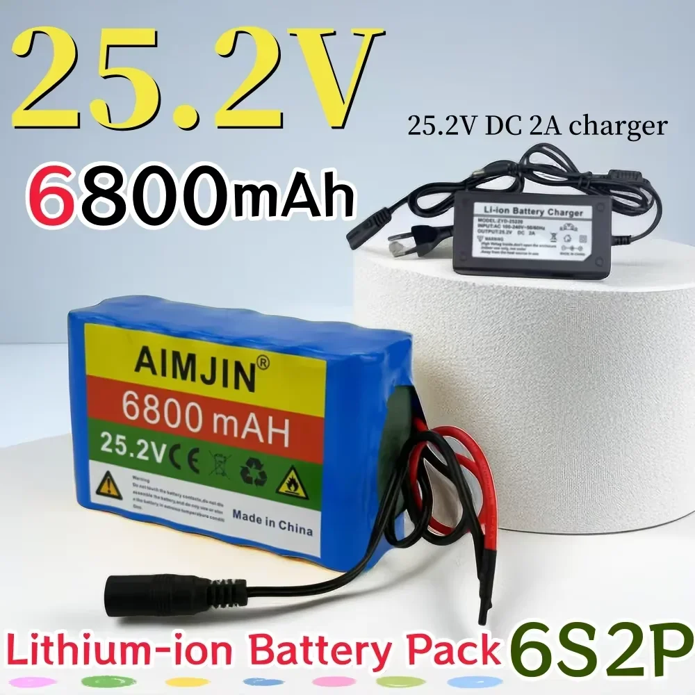 

25.2V 24V 6S2P 6800mAh Lithium Battery Pack with BMS for Electric Bicycle Moped Optional plug + 2A charger
