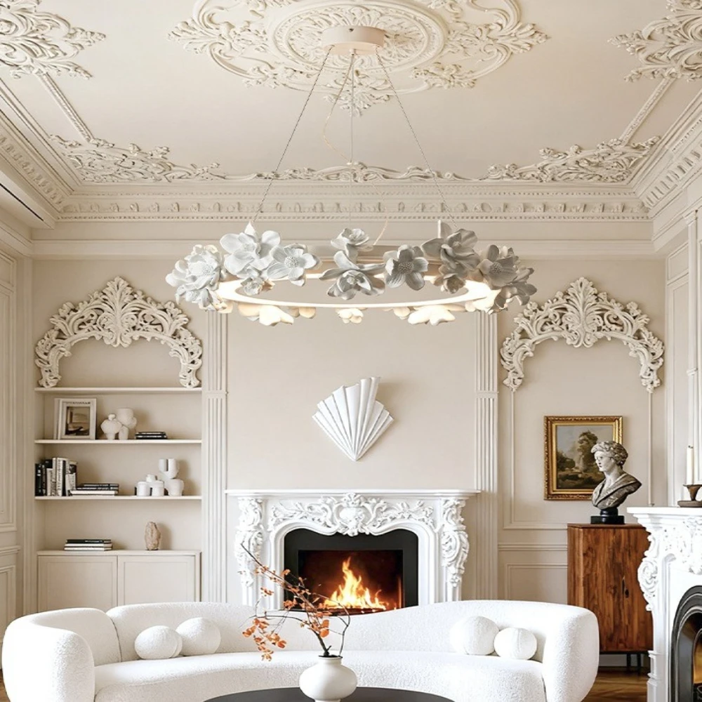 Nordic Luxury White Flower Resin Pendant Lights Cream Floral Round Led Chandelier Modern Home Decor Carved Design Lamps 90-260V