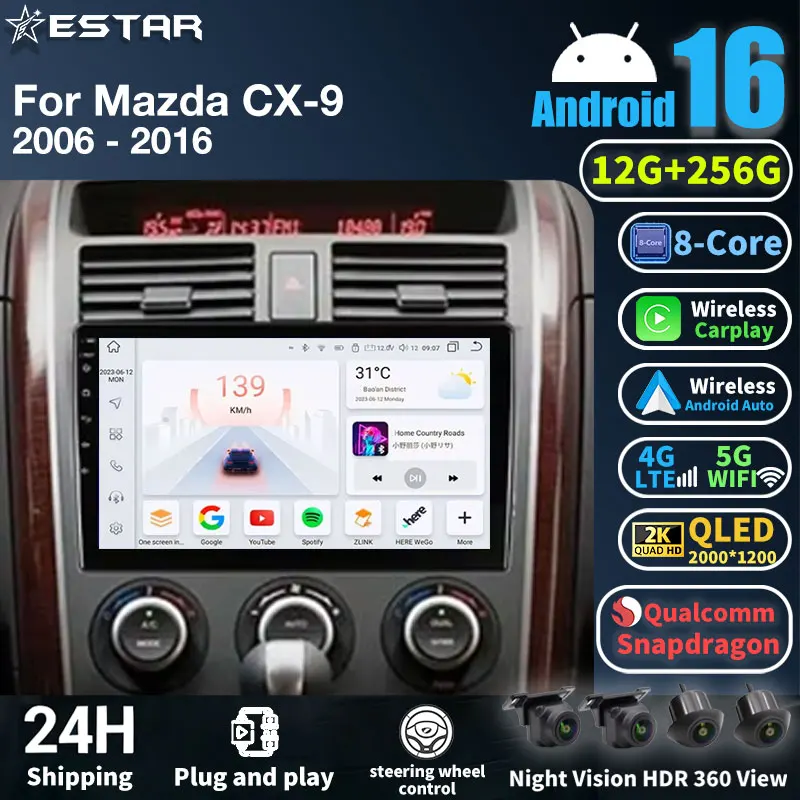 Android 16 Car Radio For Mazda CX9 CX-9 CX 9 TB 2006 - 2016 Multimedia Video Player GPS NAVI Head Unit QLED BT 2DIN 4G WIFI
