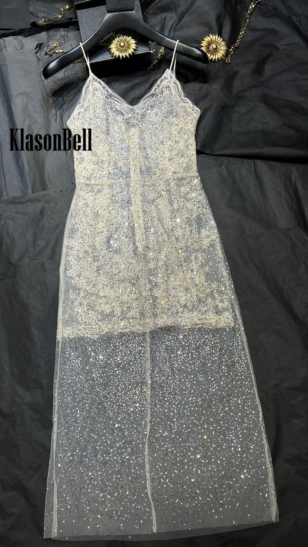 3.27  KlasonBell Luxury Temperament Embroidery Print Hand Beading Diamonds CryStal Sexy Spaghetti Strap Mesh Maxi Dress