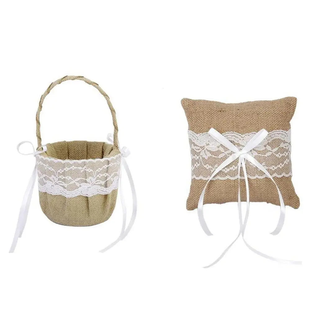 Set of 6 6'' Burlap Jute Lace Flower Basket Ring Bearer Pillow Rustic Country Wedding Cushion Romantic Floral Design Perfect