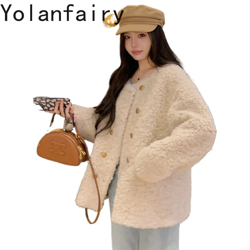 

YOLANFAIRY100% Australian Lamb Fur Coat Womens New in Outwears Short Winter Double Breasted Gold Button Coats Casaco Feminino