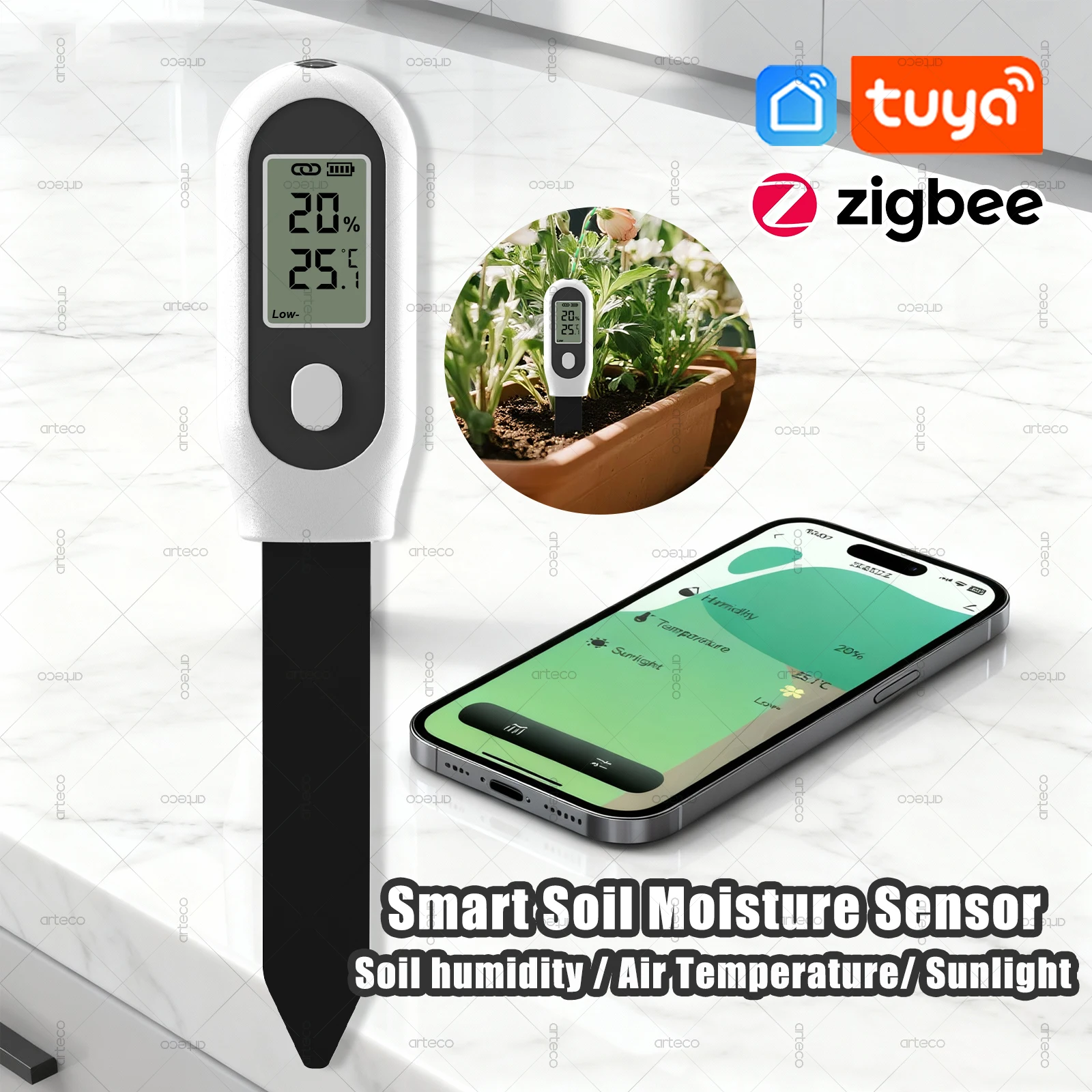 

Zigbee Soil Moisture Sensor With LCD Digital Display Tuya App RealTime Monitor Soil Humidity Sunlight Temperature For Plant Pots