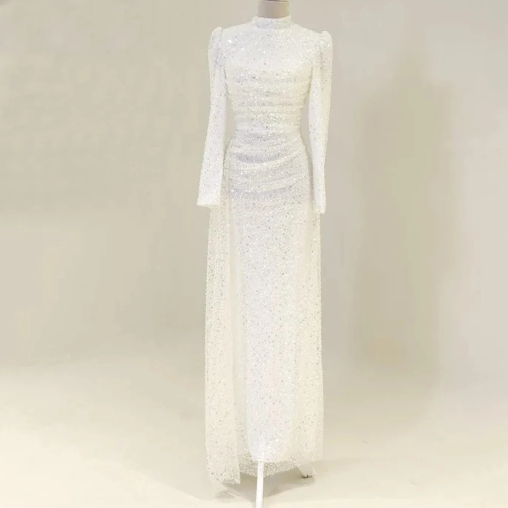 ประณีตเงาเลื่อมชุดราตรีคอยาวแขนยาวตรงความยาวจีบผู้หญิงที่กําหนดเอง Gowns งานแต่งงาน