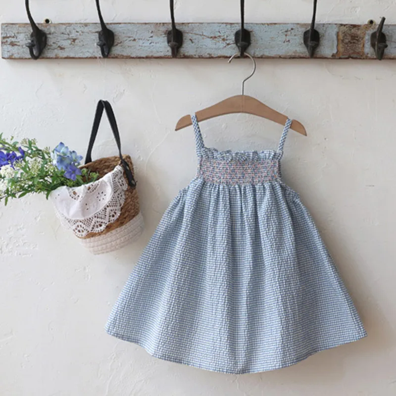 

kids girl clothes baby dresses Blue and pink checkered embroidered camisole dress Sweet girls' summer dress