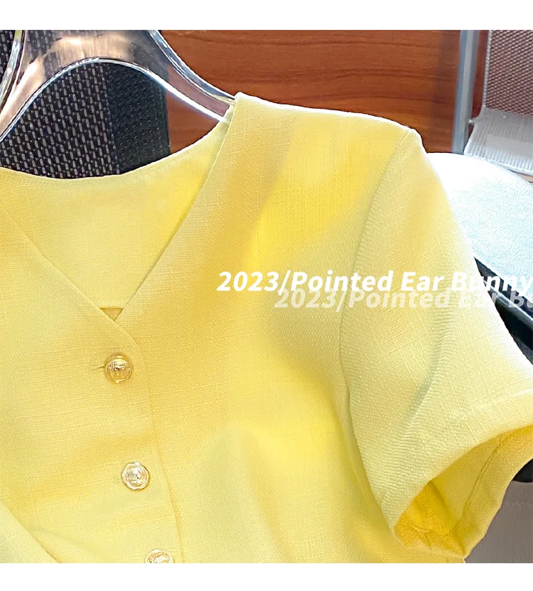 Women Vintage Fragrant Matching Yellow Outfits Shirt Tops And Short Two Piece Set 2023 Summer New Prom Party Pant Suit Clothing