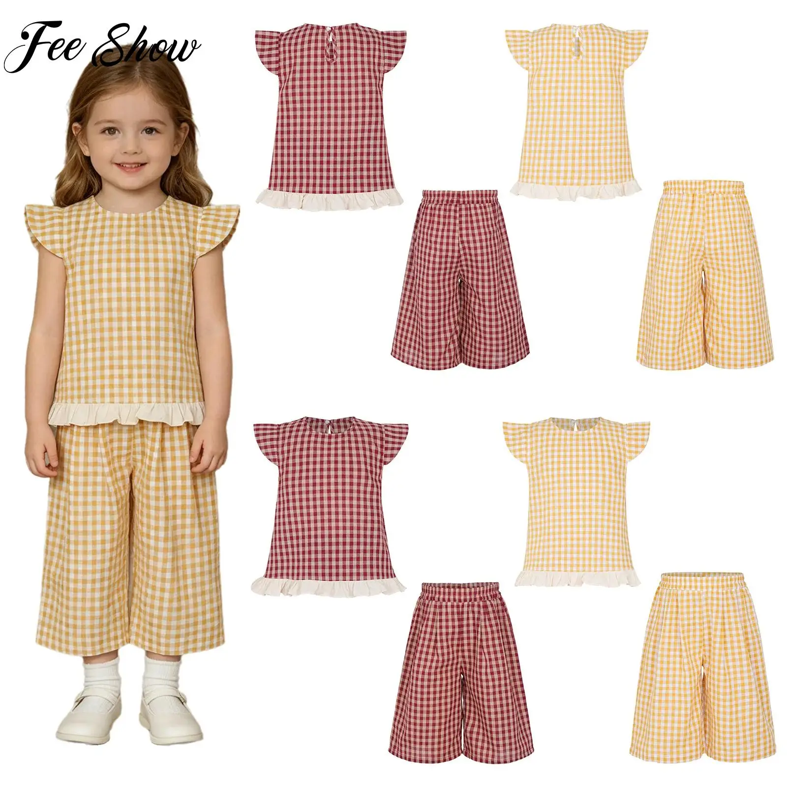 Kids Girls Cap Sleeve Ruffled Hem Plaid Tank Top with Wide-leg Cropped Pants Outfit for Casual Daily Life School Travel Vacation