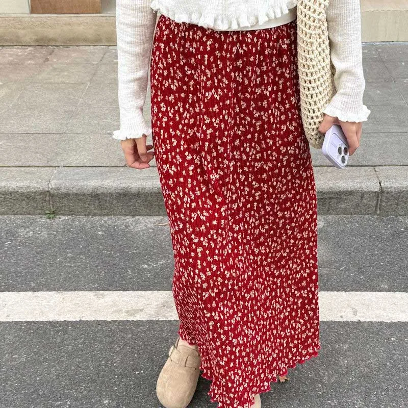 

White Retro Red Floral Pleated Slimming Chiffon Split Pleated Bag Skirt for Women, Classic VintageAll Match Midi Skirt