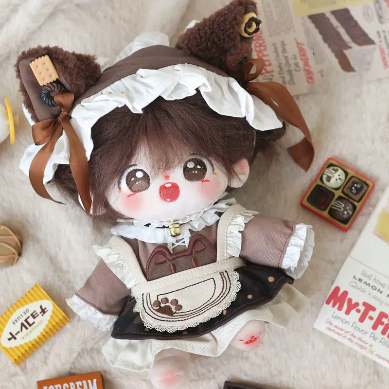 New 20cm Pure Cotton Plush Doll Clothes Anime Maid Coffee Clothes Cute Cat Ear Headwear Cat Claw Glove Set for Men and Women