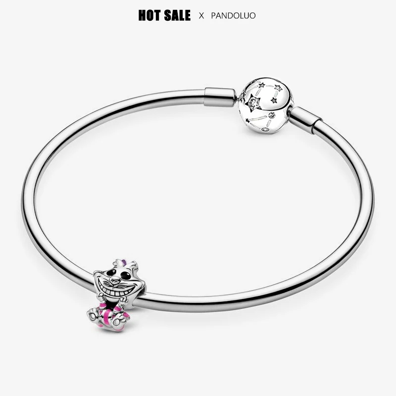 Disney Series Alice in Wonderland Cheshire Cat Charm Beads Fits Pandora Bracelet For Women Silver Pendant Bead Jewelry Gift