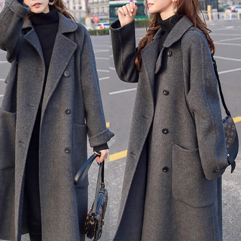Autumn and Winter Korean Fashion Dark Gray Wool Coat Womens Classic Retro Double Breasted Coat Loose Fit Medium Long Woolen Coat