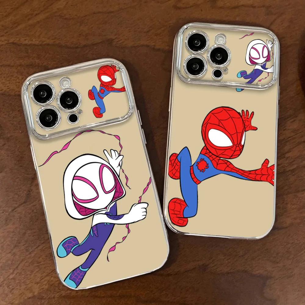 Phone Case For iPhone MINISO S-Spiders M-Man Couple 12 11 13 14 15 16 Max Pro Plus Electroplated Large Window Lens