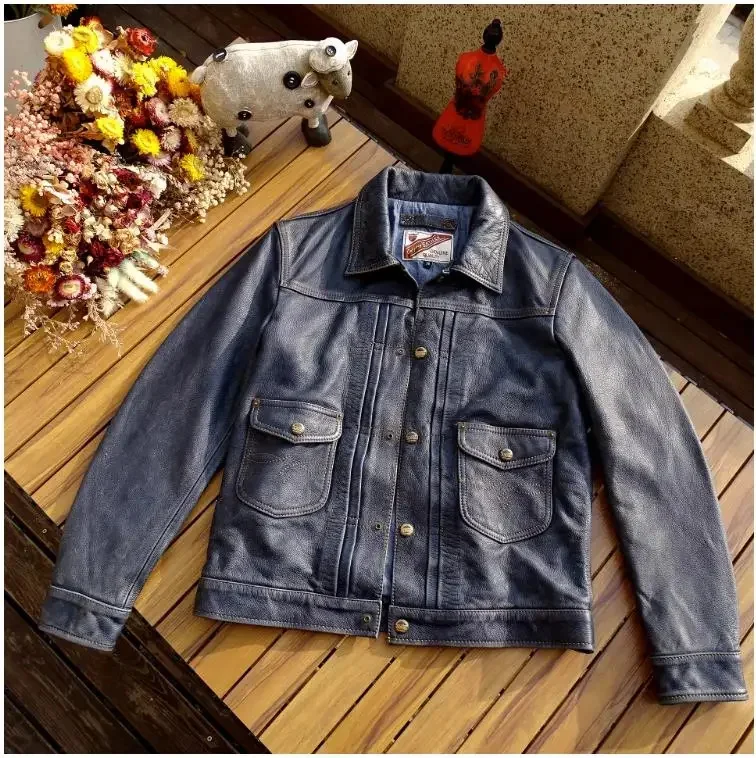 LNY!Wholesales.Fashion classic denim leather jacket.Men Vintage Indigo soft calfskin coat.Japanese slim fit wear