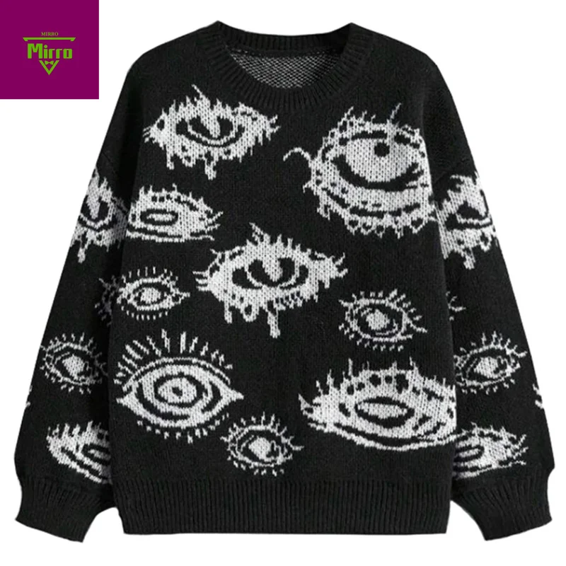 

【Mirrordust】Свитера с глазами Мужская уличная одежда Harajuku Хип-хоп Негабаритные свитера Вязаный джемпер Свободные повседневные свитера Y2K Трикотаж