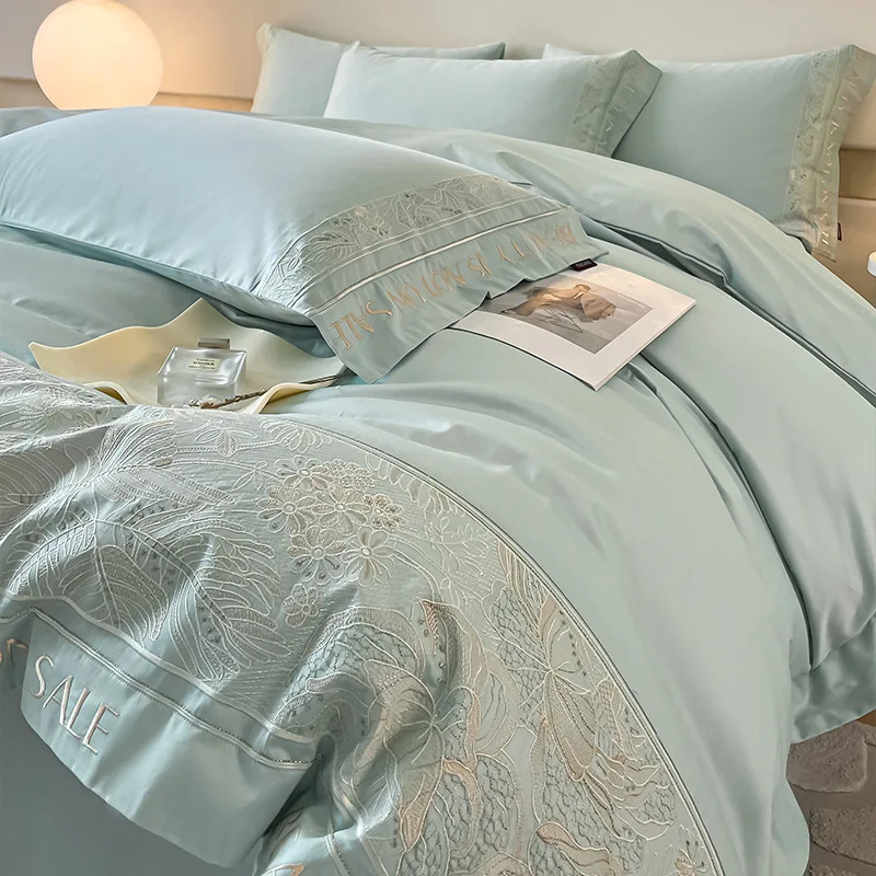 ZML long-staple cotton four-piece set with floral embroidery, all-cotton bedding